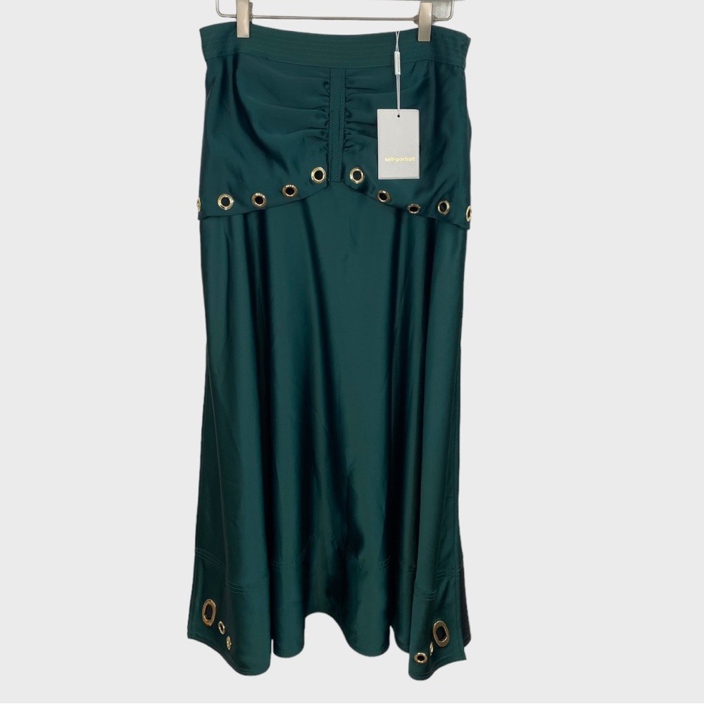 Self Portrait NWT Dark Green Satin Midi Skirt with Grommets US Size 8